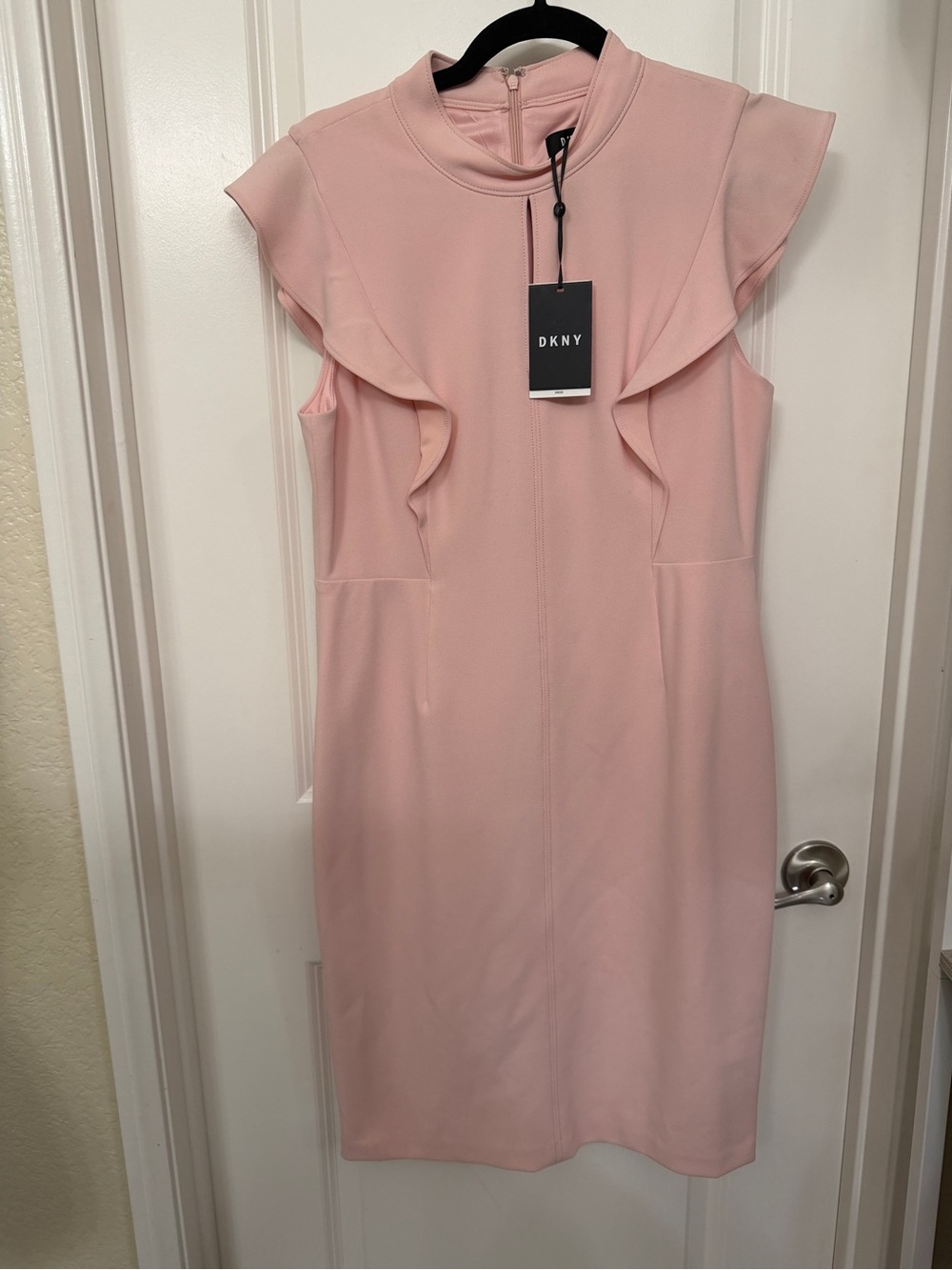 DKNY Soft Pink Ruffle-Trim Midi Sheath Dress
